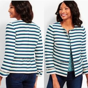 Talbots tweed blazer teal-blue stripes fringe detail peplum NWT 10P
